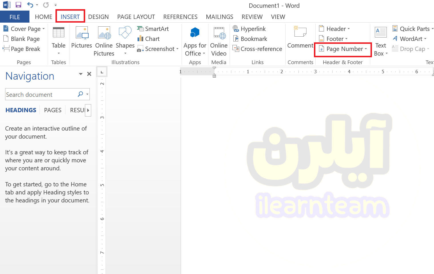 رفتن به تب وارد کردن شماره صفحه در ورد
