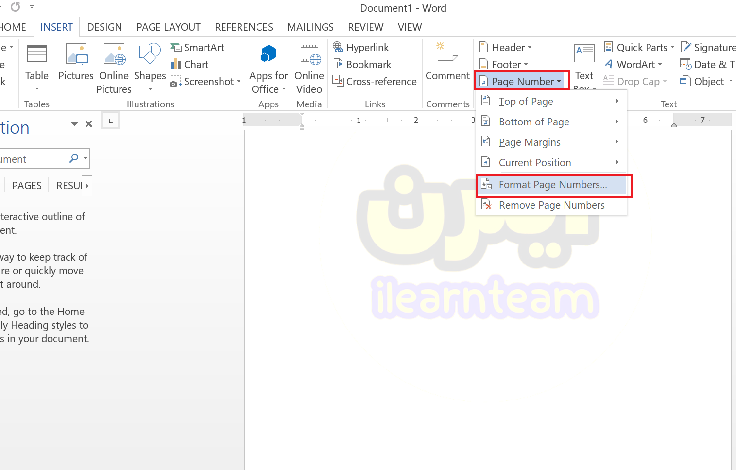 رفتن به تنظیمات شماره گذاری صفحات ورد